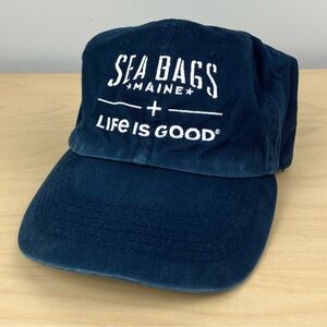 Life Is Good x Sea Bags Maine Strapback Hat Navy Blue Embroidered Logo